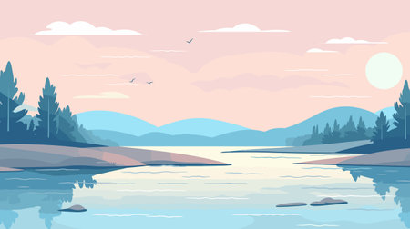 Cartoon landscape with river bay, water surface and river banks with trees. Cozy place background vector illustrationのイラスト素材