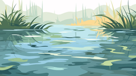 Cartoon landscape with river bay, water surface and river banks with trees. Cozy place background vector illustrationのイラスト素材