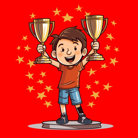 Happy winner boy holding gold trophy. Vector illustration of gold trophy.のイラスト素材