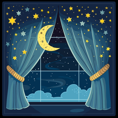 Window curtains night out moon stars home sleep rest theme vectorのイラスト素材