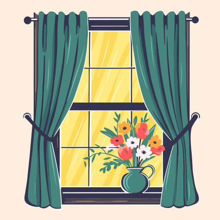 Home, sweet home. Vector flat illustration with window view and flowerのイラスト素材