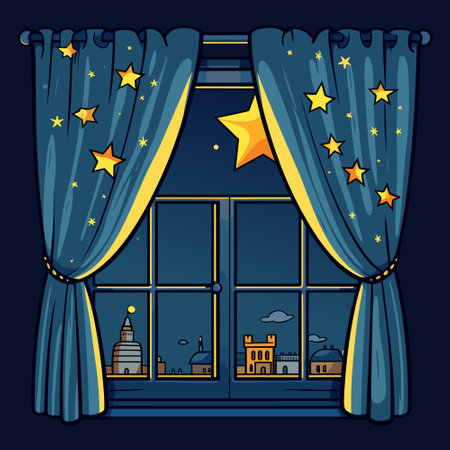 Window curtains night out moon stars home sleep rest theme vectorのイラスト素材