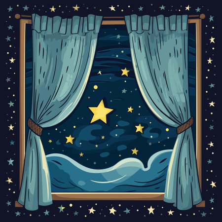 Window curtains night out moon stars home sleep rest theme vectorのイラスト素材