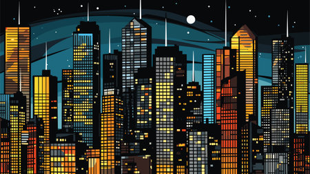 Night city vector. Dark urban cityscape skyscrapers panoramaのイラスト素材