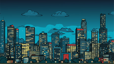 Night city vector. Dark urban cityscape skyscrapers panoramaのイラスト素材