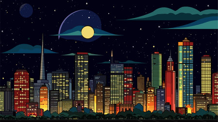 Night city vector. Dark urban cityscape skyscrapers panoramaのイラスト素材