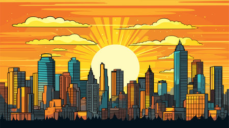 Sunrise sunset behind modern city buildings. Vector cartoon illustration skyscrapers landscape, cityscape backgroundのイラスト素材