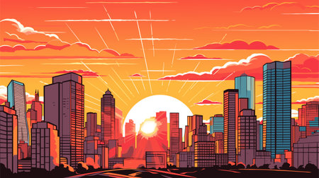 Sunrise sunset behind modern city buildings. Vector cartoon illustration skyscrapers landscape, cityscape backgroundのイラスト素材