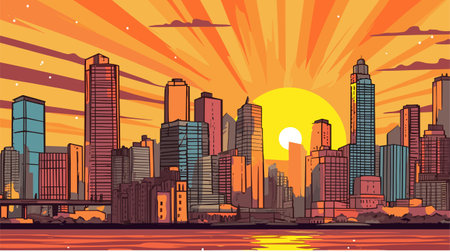 Sunrise sunset behind modern city buildings. Vector cartoon illustration skyscrapers landscape, cityscape backgroundのイラスト素材