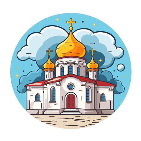 Orthodox church building, cathedral. Cartoon religious architecture exterior, Vectorのイラスト素材