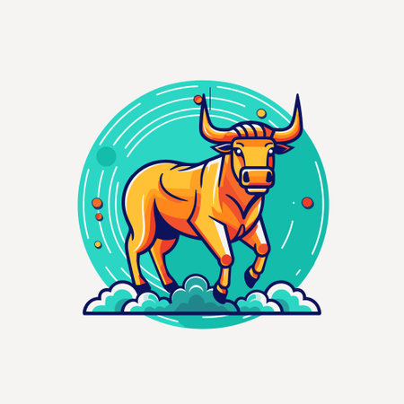 Powerful running bull with big horns, vector illustrationのイラスト素材