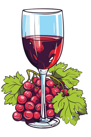 Vector illustration of a red wine glass and grapes bunch still life. Vintage styleのイラスト素材