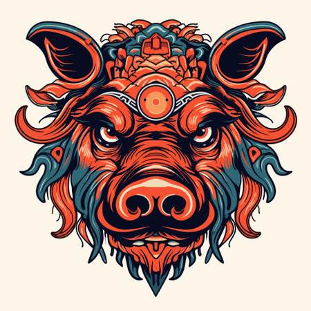 Vector Ornate Boar Head. Patterned Tribal Colored Design. Chinese style vector illustrationのイラスト素材