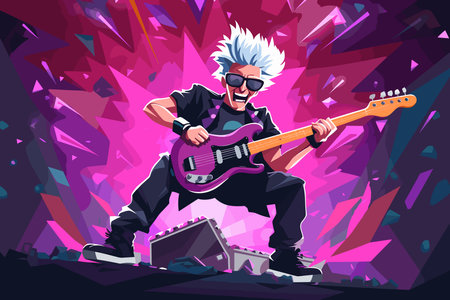 Crazy cool rock guitarist playing music with electric guitar. Character performing solo vectorのイラスト素材