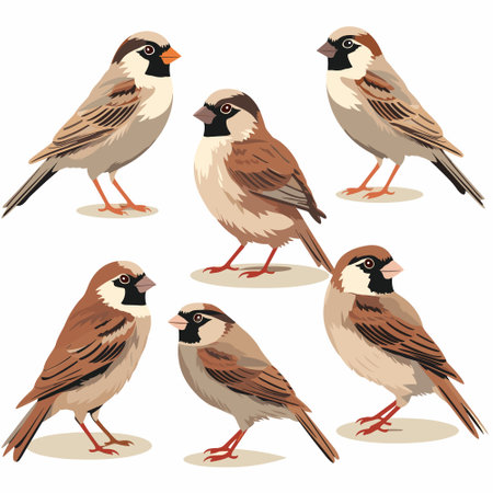 Cartoon sparrow birds vector color collection set, isolatedのイラスト素材