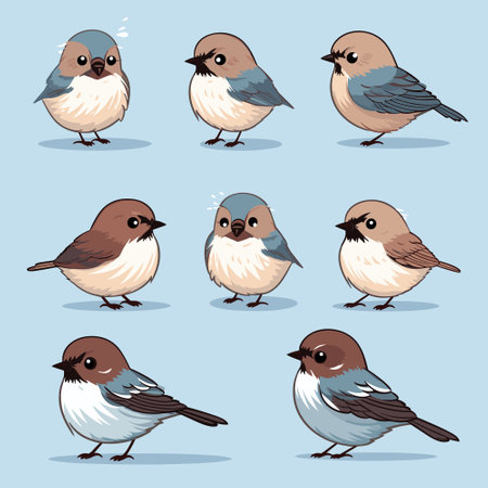 Cartoon sparrow birds vector color collection set, isolatedのイラスト素材