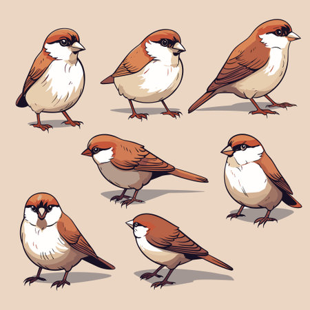 Cartoon sparrow birds vector color collection set, isolatedのイラスト素材
