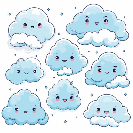Set of cloud shaped emoji with different mood. Kawaii cute clouds Vector cartoon comic iconsのイラスト素材