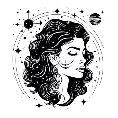 Tattoo astrology vector art Universe space tattoo print Magic astronomy graphic with planets girlのイラスト素材