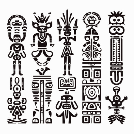 Native American symbols, Aztec, Maya, Inca. figurines of Native American tribes tattoo Vector setのイラスト素材