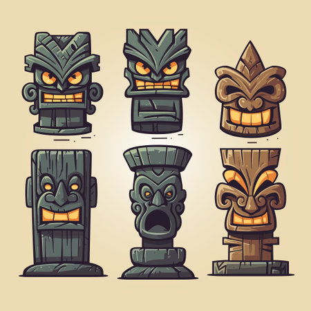 Hawaii tiki masks idols cartoon icon set. Vector illustration icons isolatedのイラスト素材