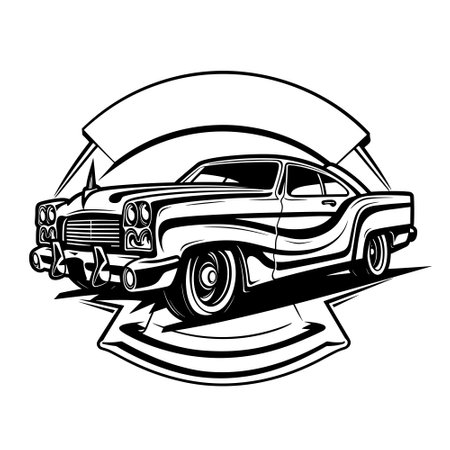 Vector vintage lowrider auto, retro old car illustration iconのイラスト素材