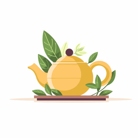 Green tea leaves, tea, kettle, cup, glass, vector illustration, sign icon templateのイラスト素材