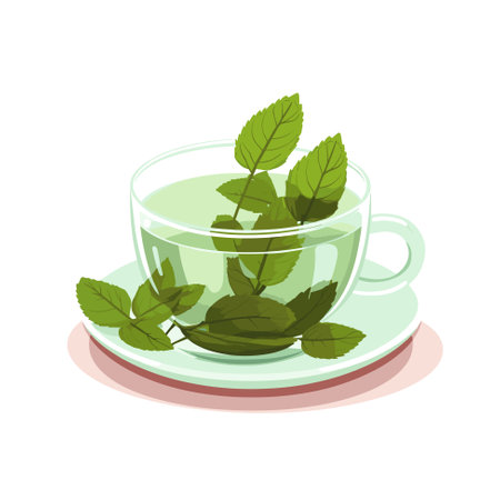 Green tea leaves, tea, kettle, cup, glass, vector illustration, sign icon templateのイラスト素材