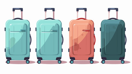 Set of cartoon plastic suitcases on wheels. Travel bag isolated on background. Illustration Vectorのイラスト素材