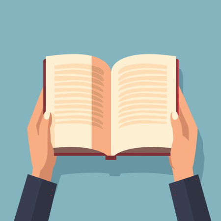 Hands holding open book for reading. Hand book reading illustration vectorのイラスト素材