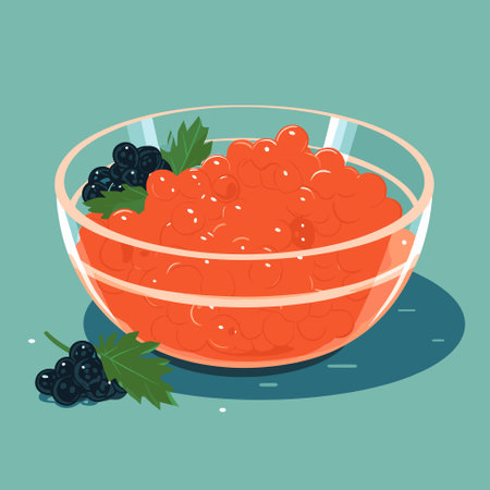 Red salmon caviar in a bowl. Fish roe - healthy luxury delicacy. Illustration vectorのイラスト素材