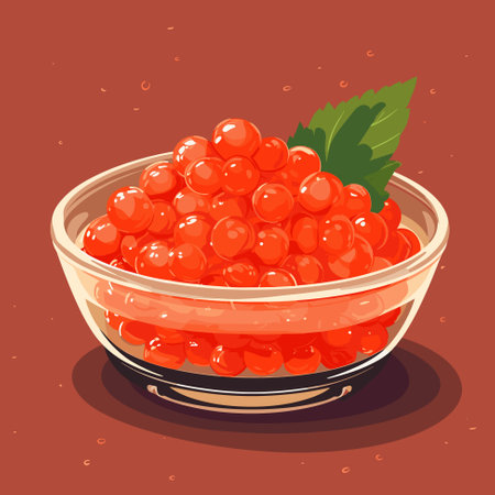 Red salmon caviar in a bowl. Fish roe - healthy luxury delicacy. Illustration vectorのイラスト素材