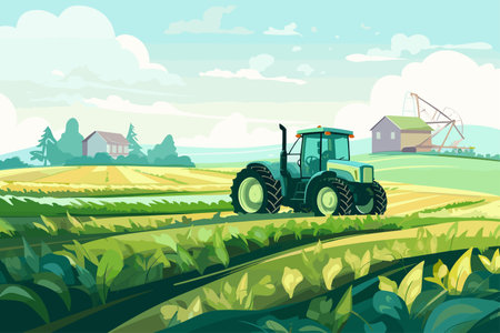 Agriculture, tractors and harvester working in the field, harvesting, sunny day, vector flat illustration.のイラスト素材