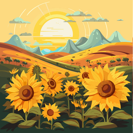 Sunflower field on beautifull hills, sunny summer day landscape, vector illustration.のイラスト素材