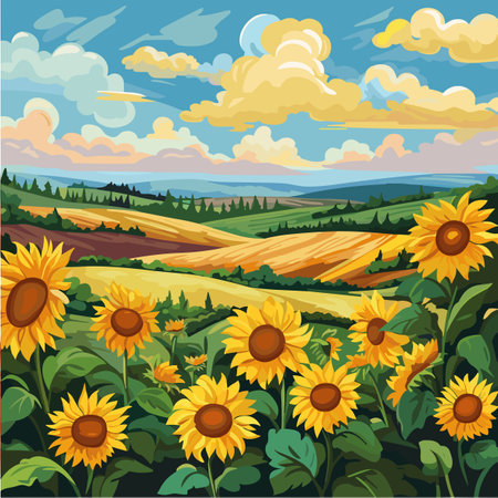 Sunflower field on beautifull hills, sunny summer day landscape, vector illustration.のイラスト素材