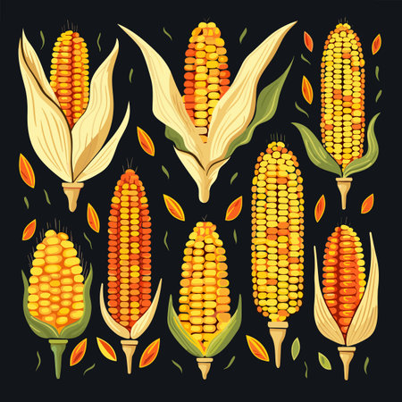 Cobs of colorful Indian corn, green leaves and husk. Isolated on neutral background. Vector food illustration.のイラスト素材
