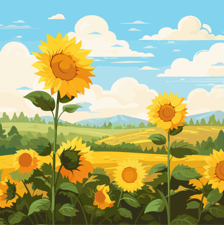 Sunflower field on beautifull hills, sunny summer day landscape, vector illustration.のイラスト素材