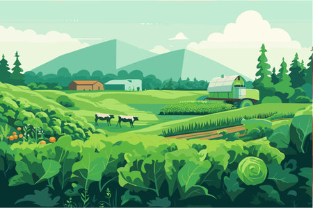 Agriculture, working in the field, harvesting, sunny day, vector flat illustration.のイラスト素材