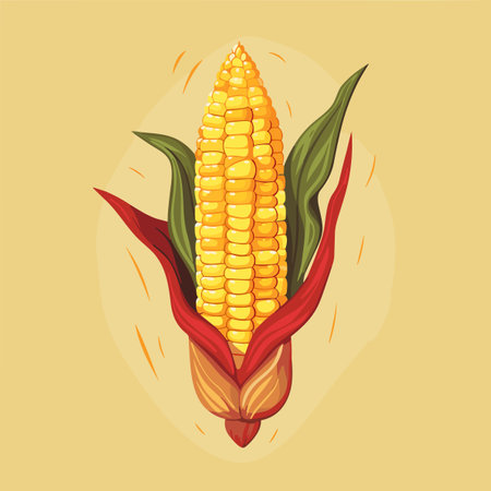 Cobs of colorful Indian corn, green leaves and husk. Isolated on neutral background. Vector food illustration.のイラスト素材