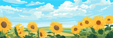 Sunflower field on beautifull hills panorama, sunny summer day landscape, vector illustration.のイラスト素材