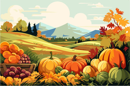 Agriculture, working in the field, harvesting, sunny day, vector flat illustration.のイラスト素材