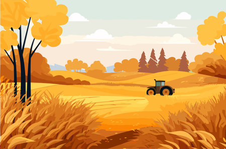 Agriculture, working in the field, harvesting, sunny day, vector flat illustration.のイラスト素材