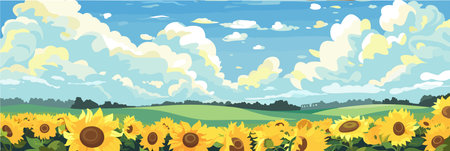 Sunflower field on beautifull hills panorama, sunny summer day landscape, vector illustration.のイラスト素材