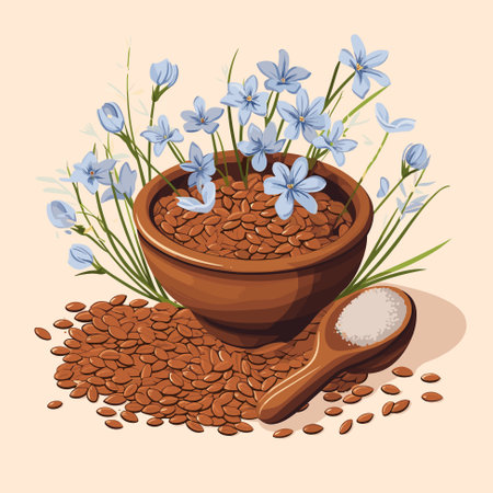 Linen. Flax seeds. Flowers of flax. Linseed oil. Super food Vector illustrationのイラスト素材