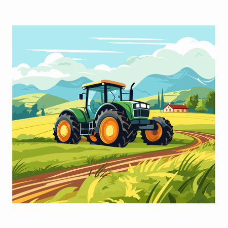Agriculture, tractors and harvester working in the field, harvesting, sunny day, vector illustrationのイラスト素材