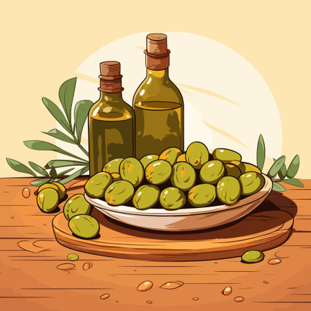 Freshly pressed olive oil bottle and olives illustration vector. Olive oil iconのイラスト素材
