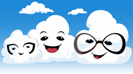 Funny cartoon kawaii clouds with glasses on the blue sky. illustration vectorのイラスト素材