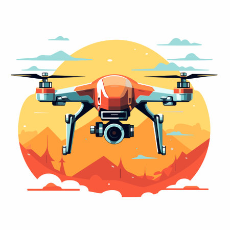 Quadcopter aerial drone with camera for photography or video surveillance. Cartoon vector illustration.のイラスト素材