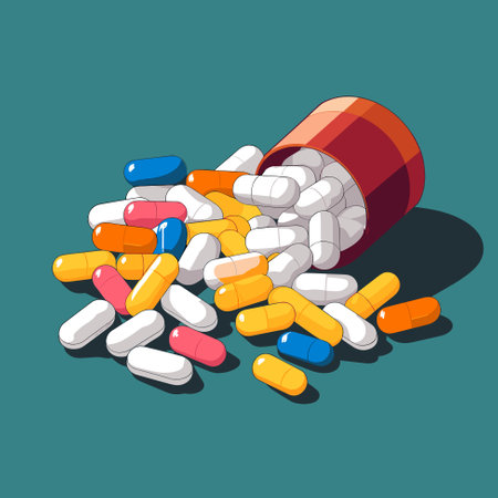 Pile of drugs and pills on blue background, Medical pill, Tablet pharmaceutical symbol. Illustration...