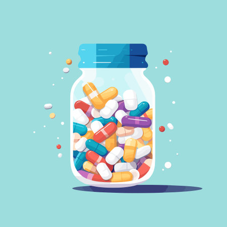 Glass jar full of drugs and pills on blue background, Medical pill, Tablet pharmaceutical symbol. Illustration vectorのイラスト素材